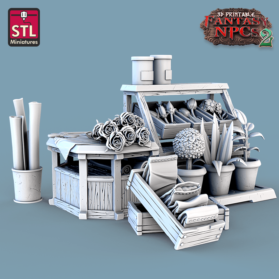 3D Printed STL Miniatures Florist Set Fantasy NPC 2 | 28 - 32mm War Gaming D&D - Charming Terrain