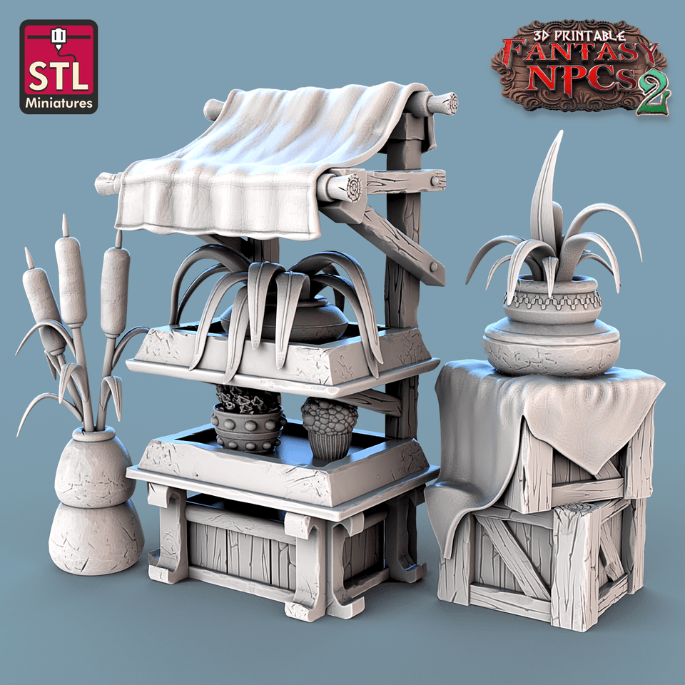 3D Printed STL Miniatures Florist Set Fantasy NPC 2 | 28 - 32mm War Gaming D&D - Charming Terrain