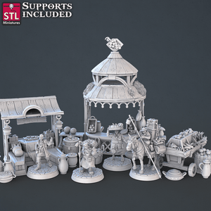 3D Printed STL Miniatures Food Vendors Set 28mm - 32mm War Gaming D&D - Charming Terrain