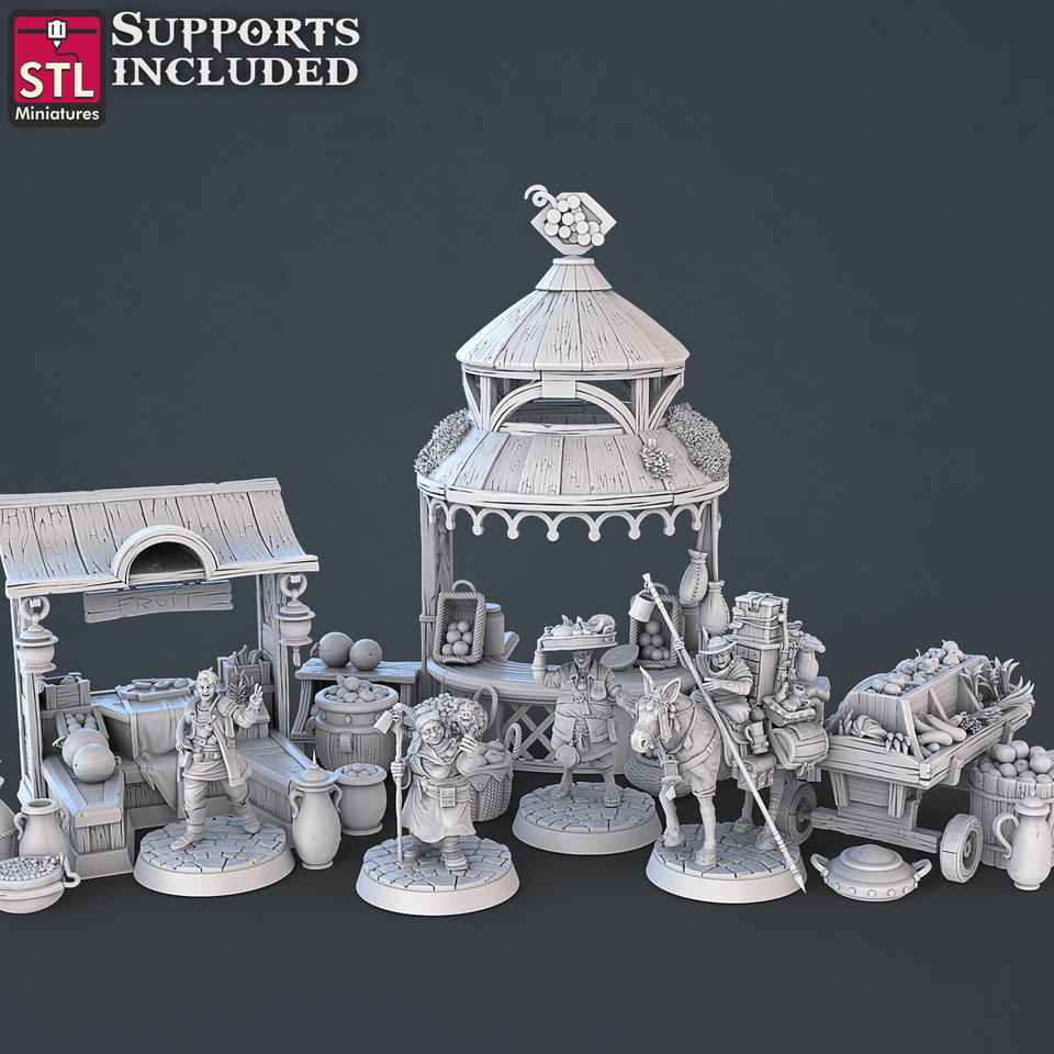 3D Printed STL Miniatures Food Vendors Set 28mm - 32mm War Gaming D&D - Charming Terrain