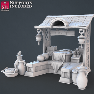 3D Printed STL Miniatures Food Vendors Set 28mm - 32mm War Gaming D&D - Charming Terrain