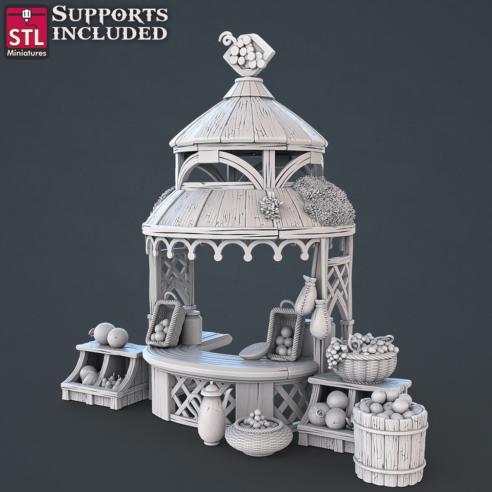 3D Printed STL Miniatures Food Vendors Set 28mm - 32mm War Gaming D&D - Charming Terrain