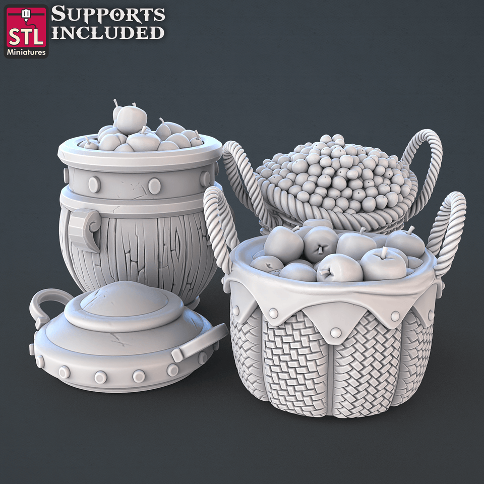 3D Printed STL Miniatures Food Vendors Set 28mm - 32mm War Gaming D&D - Charming Terrain