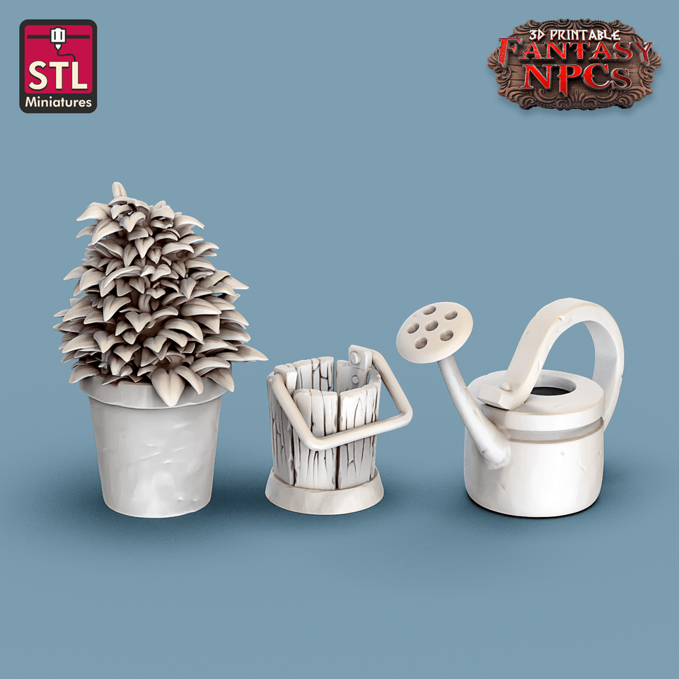 3D Printed STL Miniatures Gardener Set Fantasy NPC 28mm - 32mm War Gaming D&D - Charming Terrain