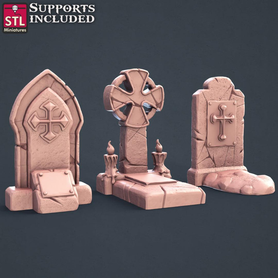 3D Printed STL Miniatures Graveyard Set 28mm - 32mm War Gaming D&D - Charming Terrain