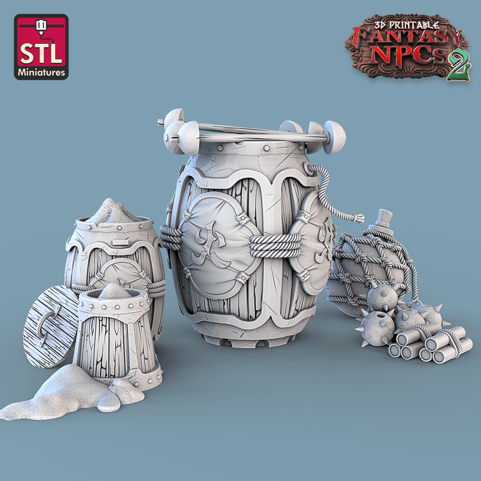 3D Printed STL Miniatures Gunpowder Vendors Set Fantasy NPC 2 | 28 - 32mm War Gaming D&D - Charming Terrain