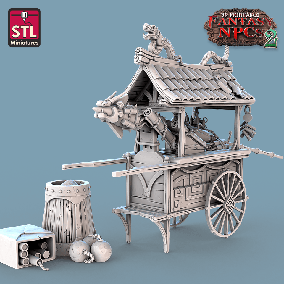 3D Printed STL Miniatures Gunpowder Vendors Set Fantasy NPC 2 | 28 - 32mm War Gaming D&D - Charming Terrain