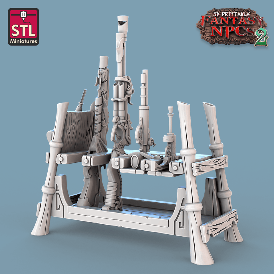 3D Printed STL Miniatures Gunpowder Vendors Set Fantasy NPC 2 | 28 - 32mm War Gaming D&D - Charming Terrain