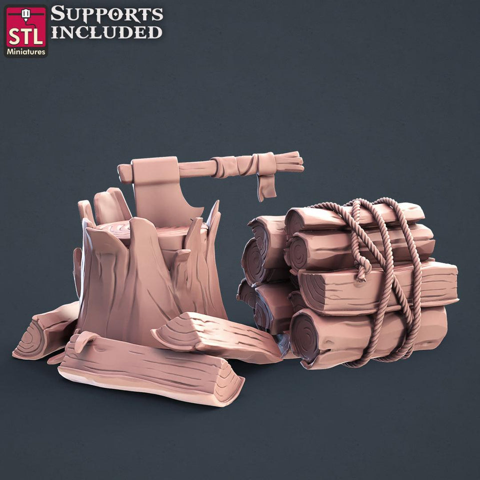 3D Printed STL Miniatures Lumberjack Set 28mm - 32mm War Gaming D&D - Charming Terrain