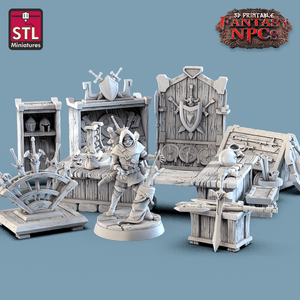 3D Printed STL Miniatures Weapons Merchant Set Fantasy NPC 28mm - 32mm War Gaming D&D - Charming Terrain