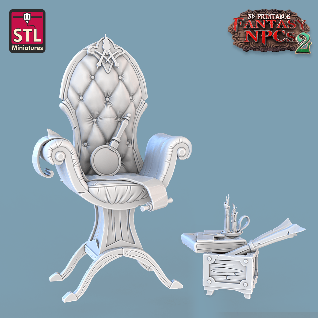 Charming Terrain 3D printed terrain (28mm) Cartographer Chair 3D Printed STL Miniatures Cartographers Set Fantasy NPC 2 | 28 - 32mm War Gaming D&D