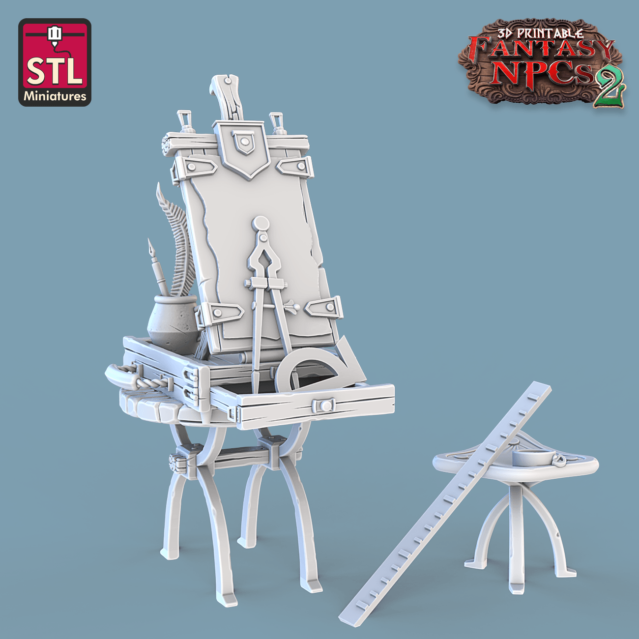 Charming Terrain 3D printed terrain (28mm) Cartographer Easel 3D Printed STL Miniatures Cartographers Set Fantasy NPC 2 | 28 - 32mm War Gaming D&D
