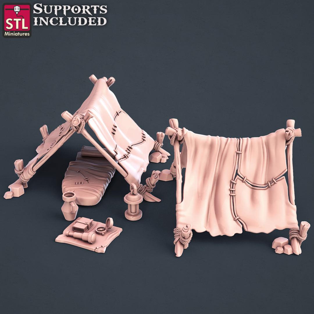 Charming Terrain 3D printed terrain (28mm) Explorer Tents 3D Printed STL Miniatures Explorers Set Fantasy NPC 2 | 28 - 32mm War Gaming D&D